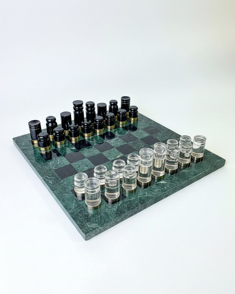 Acrylic & Gilt Brass Chess Set with Marble Board, Italy, 1970s — detail view