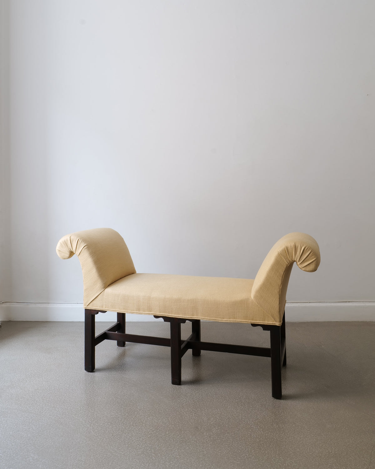 Swedish window seat bench 1900s, cream upholstery, dark wood frame