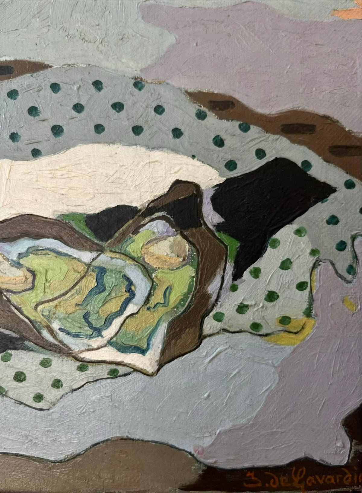"Still Life with Oysters" Midcentury Oil on Canvas — side angle