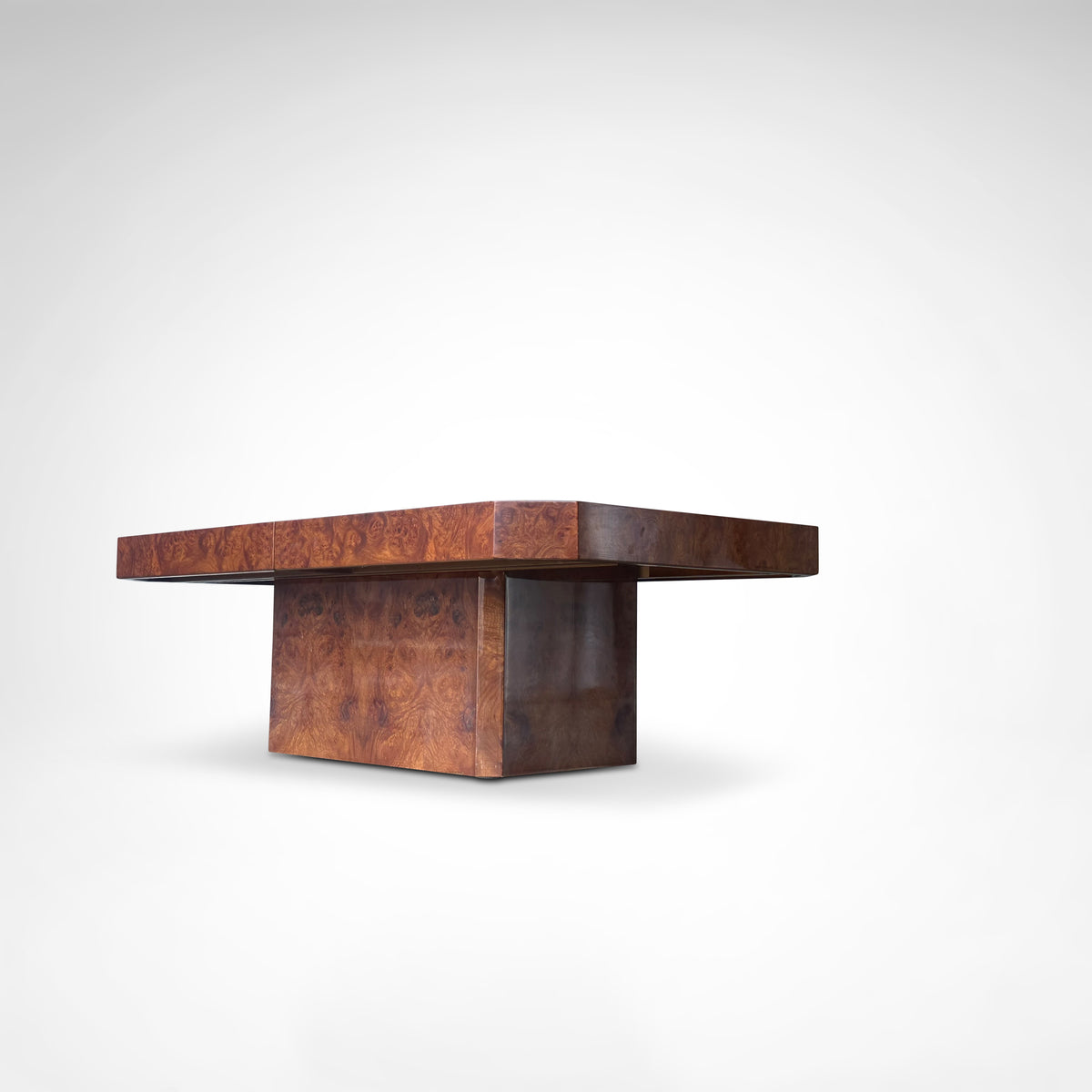 Burl wood coffee table with bar by Maison Lancel France 1980s — top view highlighting rich wood grain