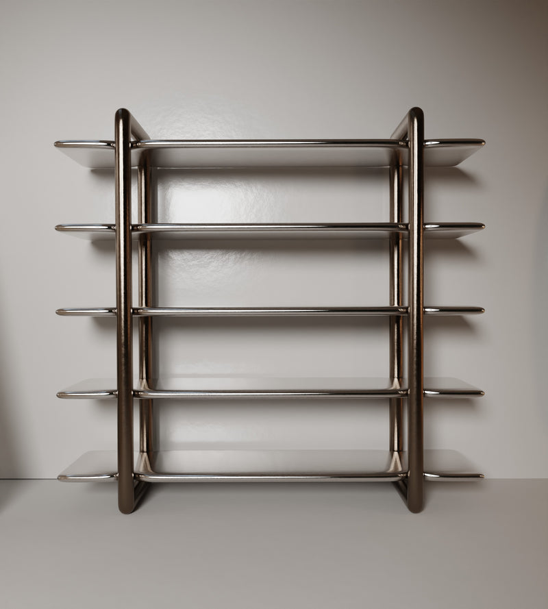 Modern stainless steel bookshelf with curved frame and horizontal shelves