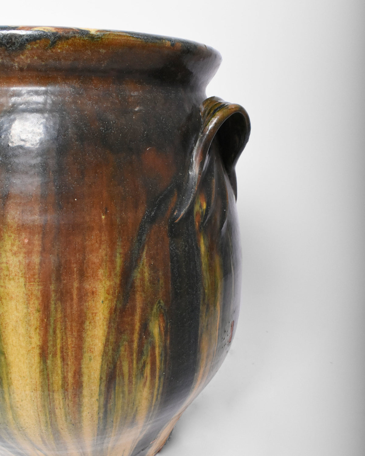 Green Blue and Yellow Ceramic Vase with Handles, 1950s — angled view highlighting ceramic texture