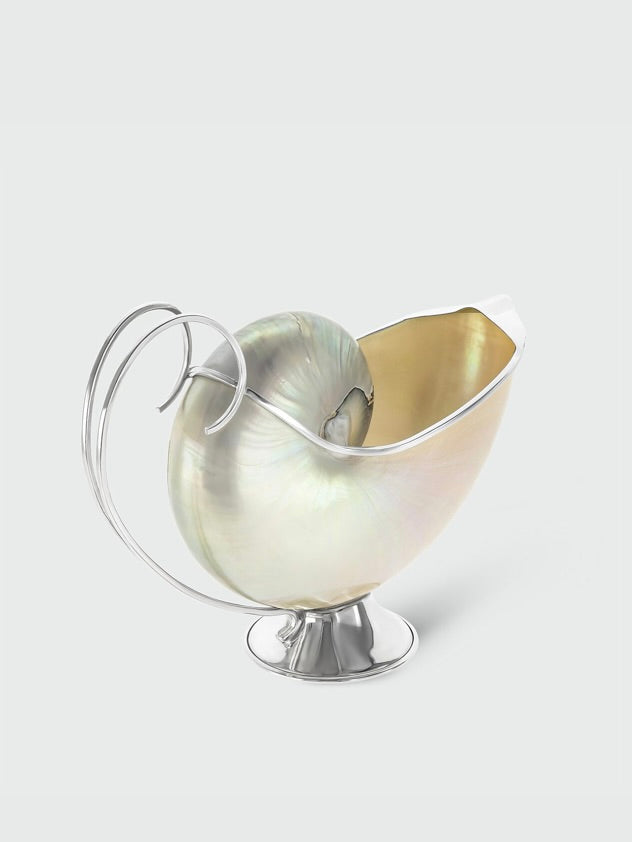 Nautilus Shell Gravy Boat — side angle showing iridescent shell and metal base