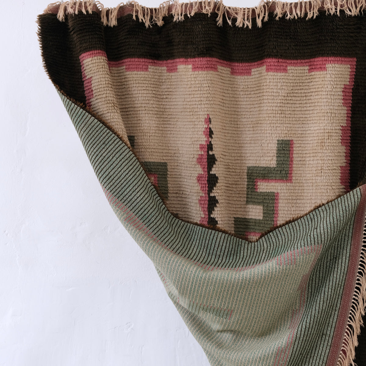 Large Art Deco Wool Rya Rug, Sweden, 1940s — draped view highlighting intricate patterns