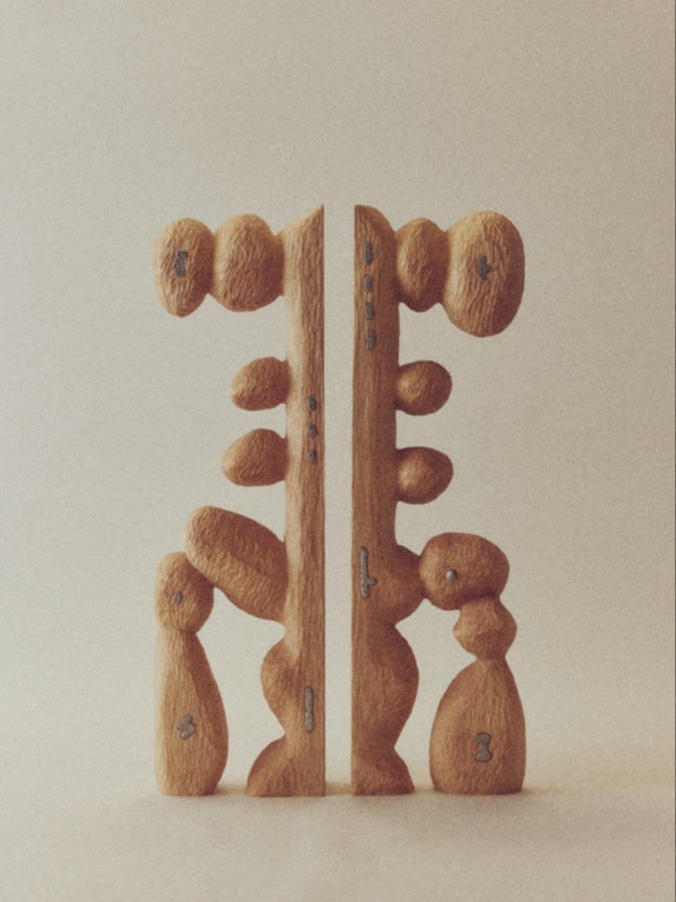 Paired wooden sculpture with stacked organic forms, Étude 31 by Karim Charlebois
