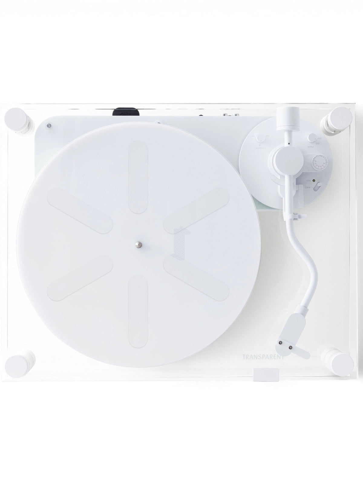 Transparent Turntable White - Bluetooth — top view of white platter and tonearm