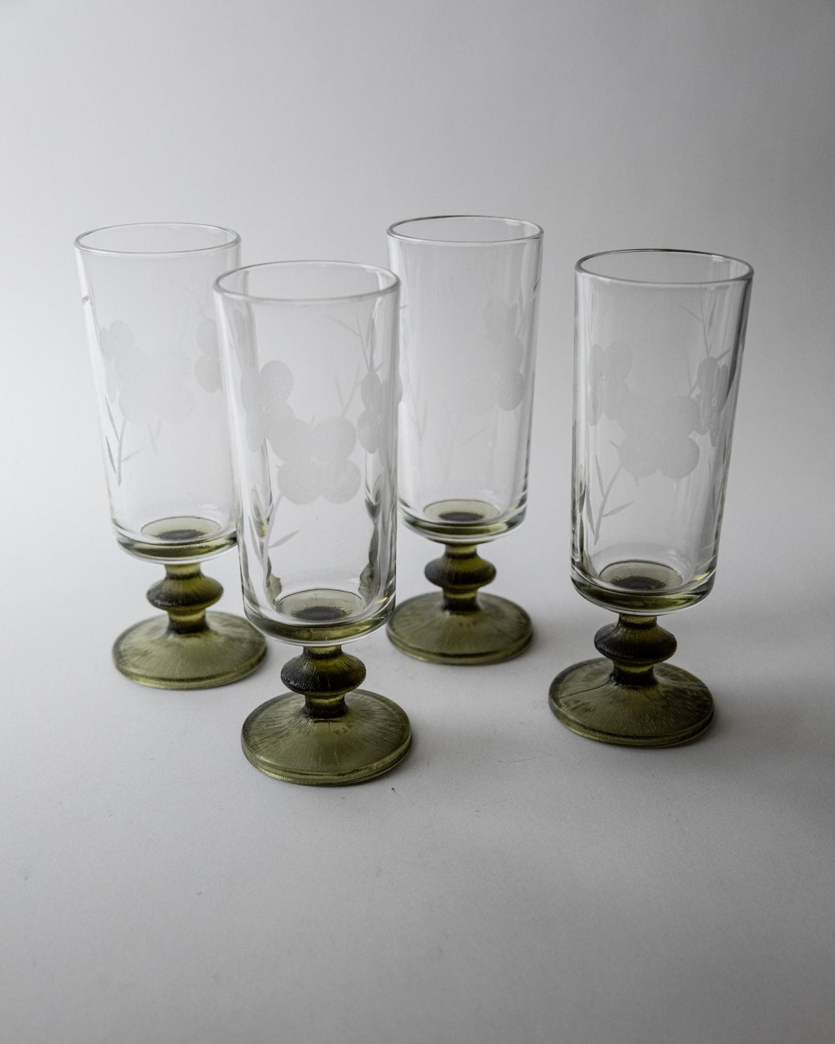 Vintage 1970s Champagne Glasses Set of 4, Olive Green Stems with Etched Floral Clear Glass Bowls, Elegant Barware Tableware, Gift Idea — in context