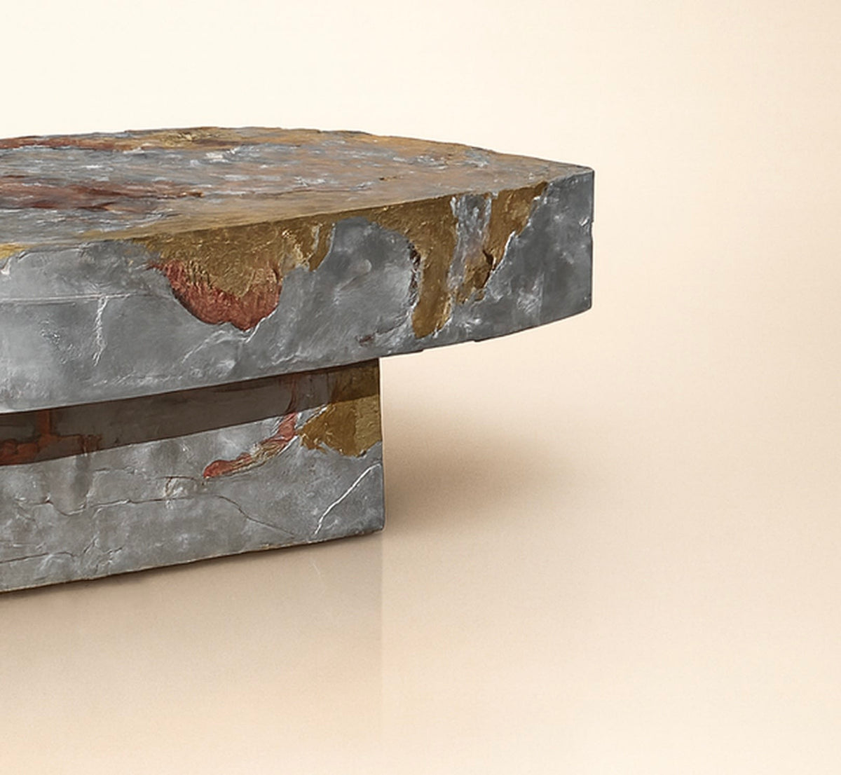 Close-up detail of multicolored marble coffee table edge and base