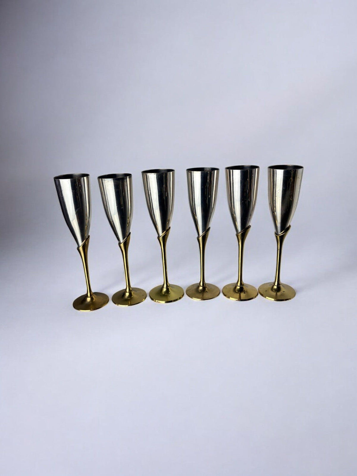 Brutalist Champagne Glasses, Spain, 1970's — close-up of polished metal finish