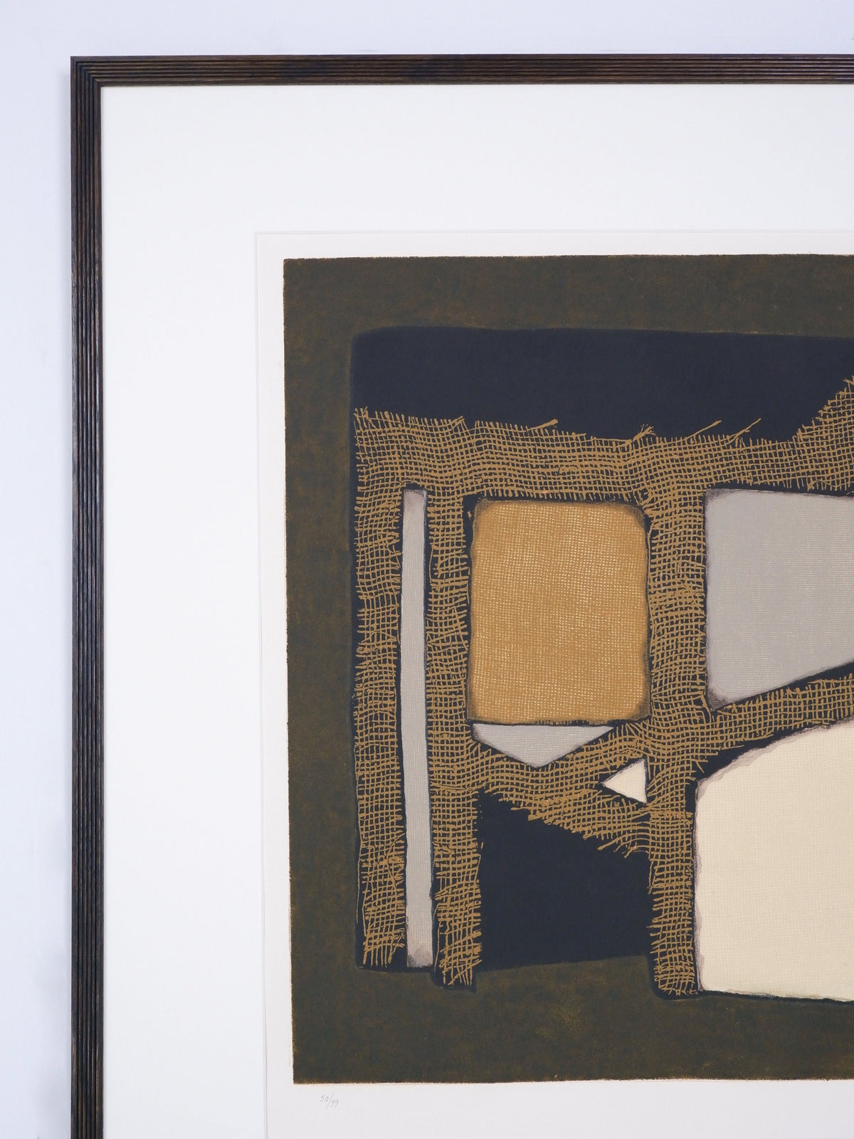 Mixed media collage artwork with burlap and torn paper elements