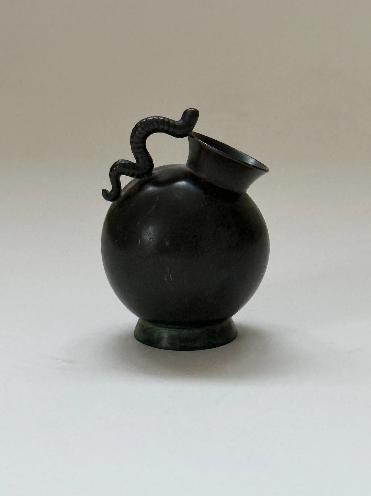 Small Just Andersen Vase in Disko Metal, Denmark, 1930s — side angle showing curved handle and rounded body