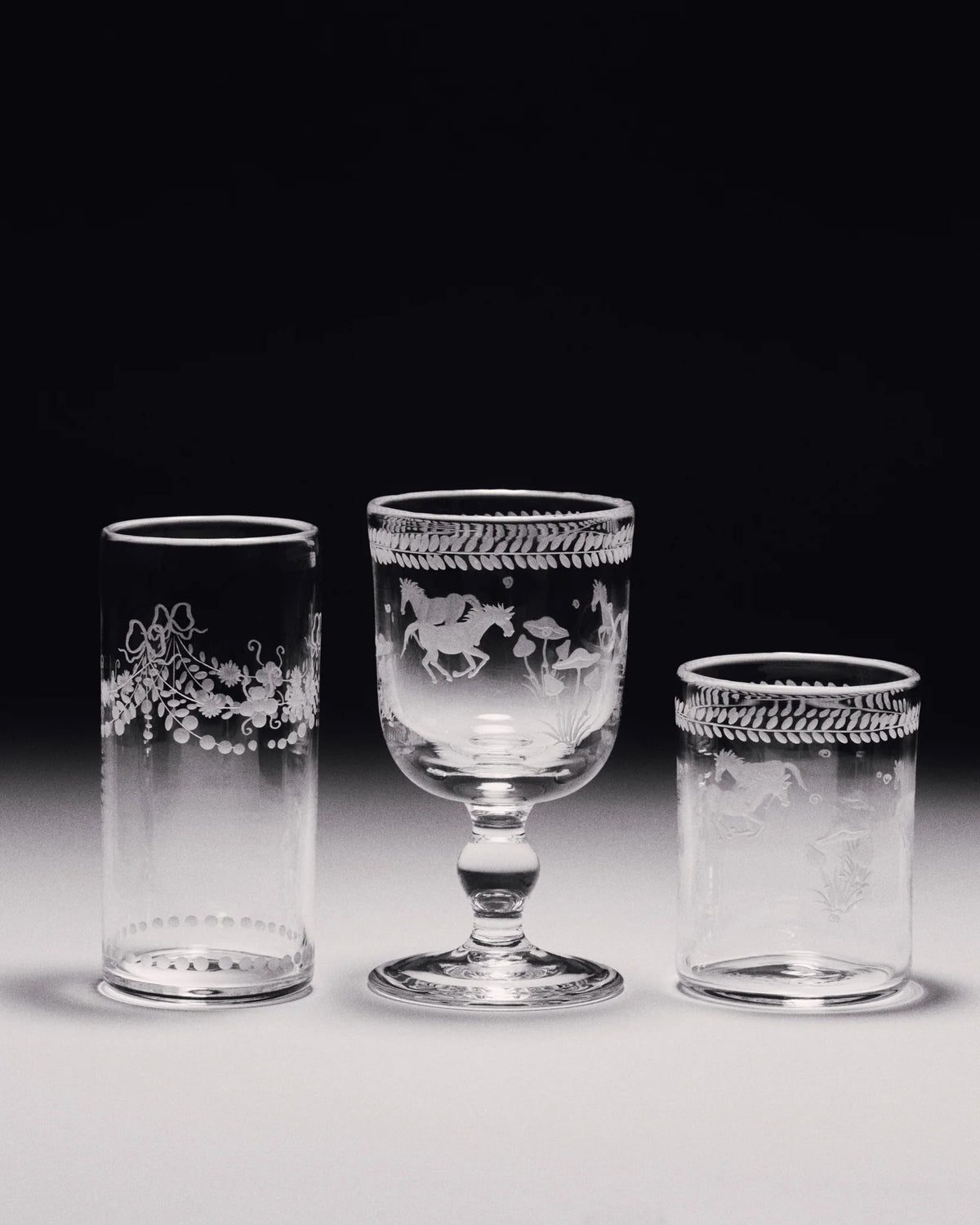 Barbro Water Glass - Set of four — side view highlighting intricate glass etching