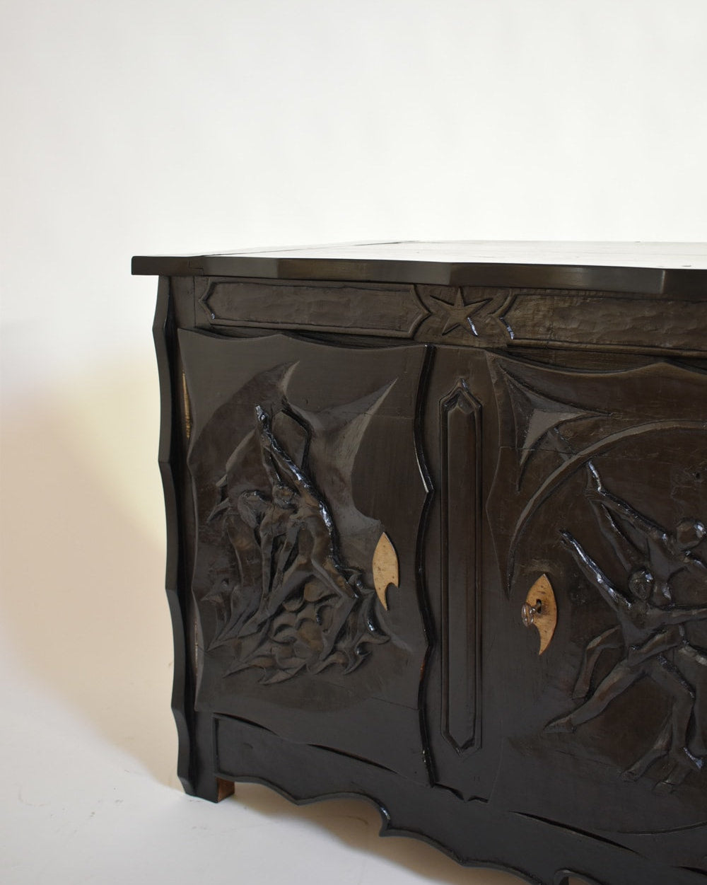 Johnny Ludécher Brutalist Cabinet, 1950s — top view of carved dark wood surface