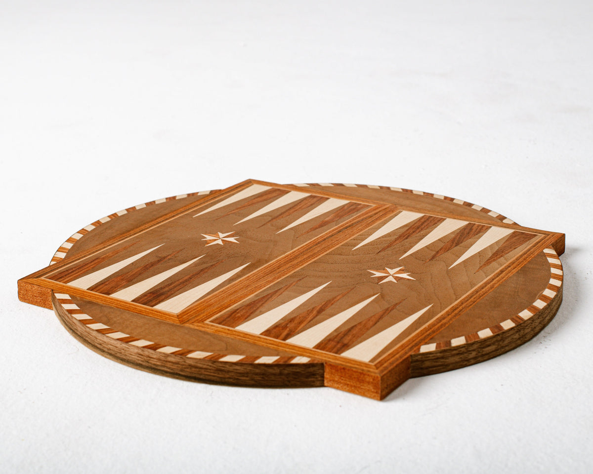 Handcrafted wooden backgammon board with inlaid star details