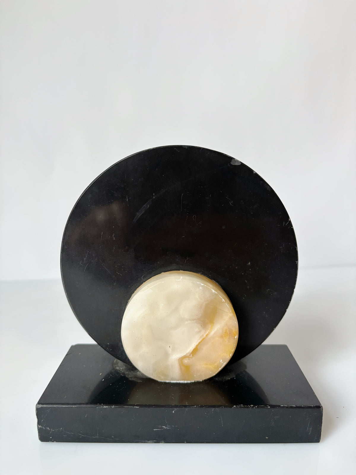 Art Deco Marble & Onyx Bookends, Germany — side angle showing black marble and onyx detail