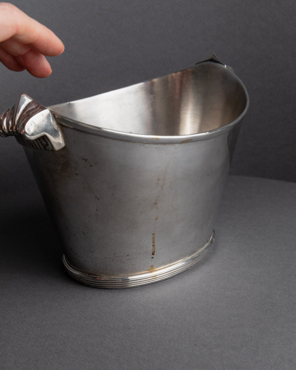Vintage 1940s Silver Plated Champagne Cooler, Classic Form for Wine or Drinks — angled view highlighting polished silver surf