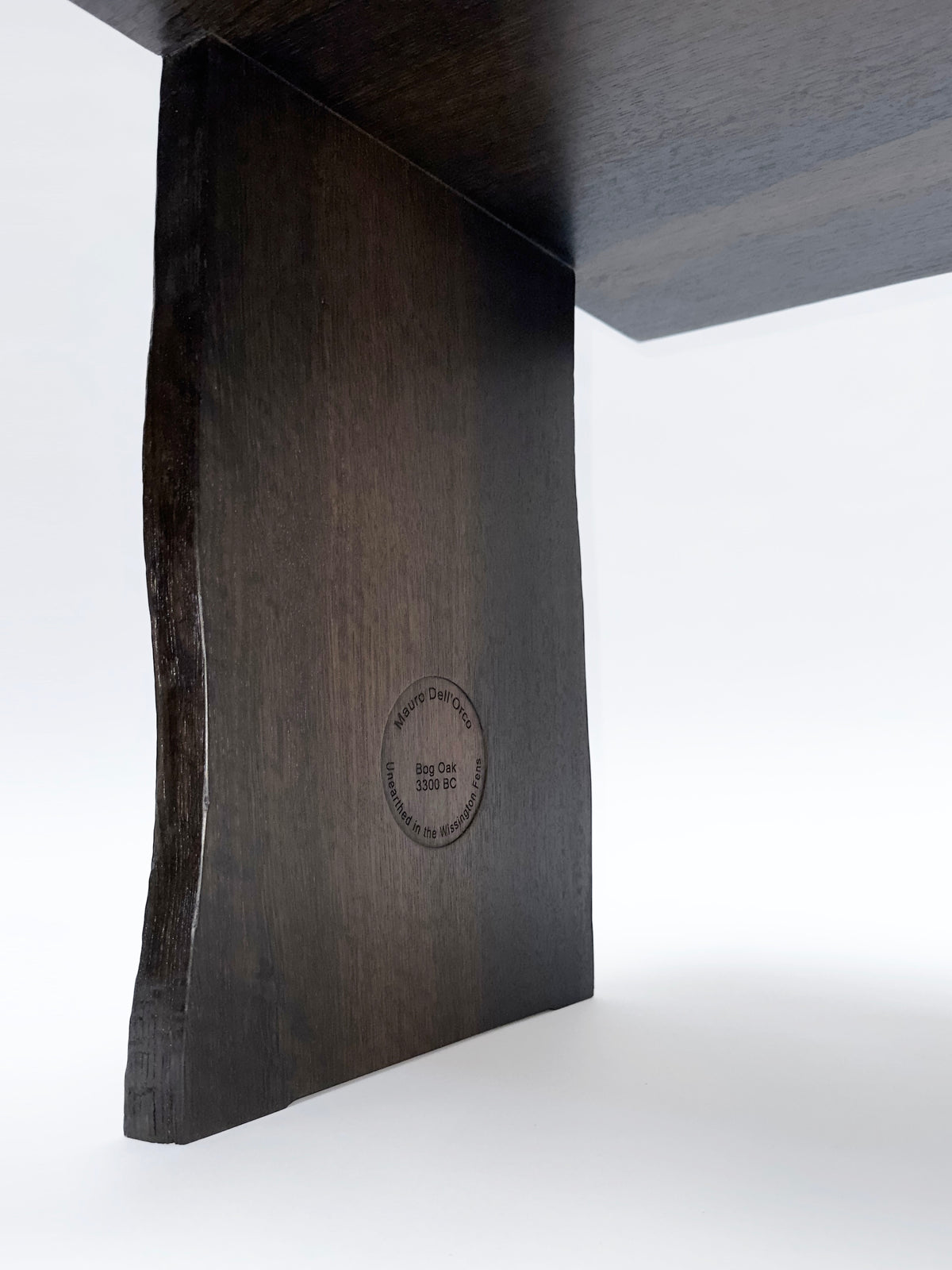 BO Coffee Table, 5500 Years Old Black Oak — underside view of handcrafted leg detail