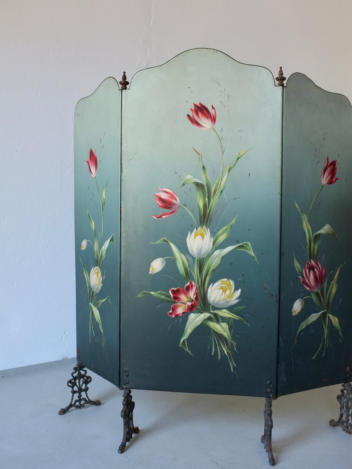 Art Nouveau tulip painted folding screen ornate metal legs
