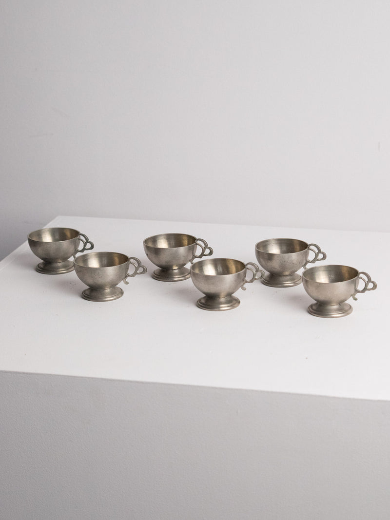 Six Footed Pewter Punch Cups, Triple-Loop Handles, Sweden 1977 — side angle