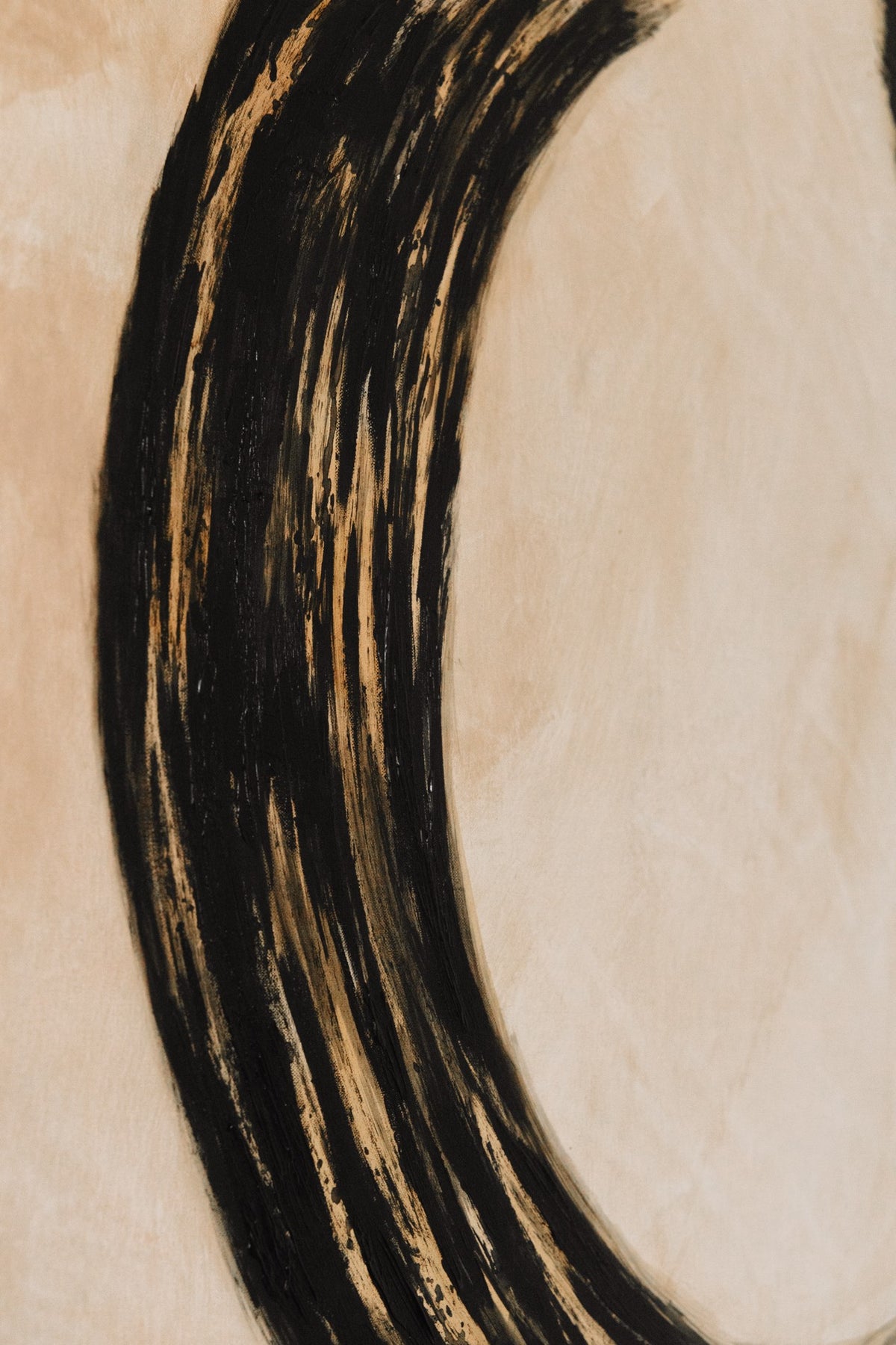Ensō Acrylic on Linen by Inga Dzintare features a bold black brushstroke in a curved form on light beige linen, evoking the symbolism of Ensō and the pursuit of enlightenment in minimalist abstract art.