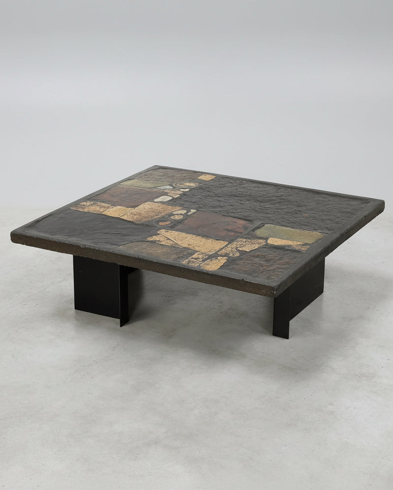 Paul Kingma Slate, Stone, and Brass Inlaid Coffee Table, 1970's by Introverso | The Oblist