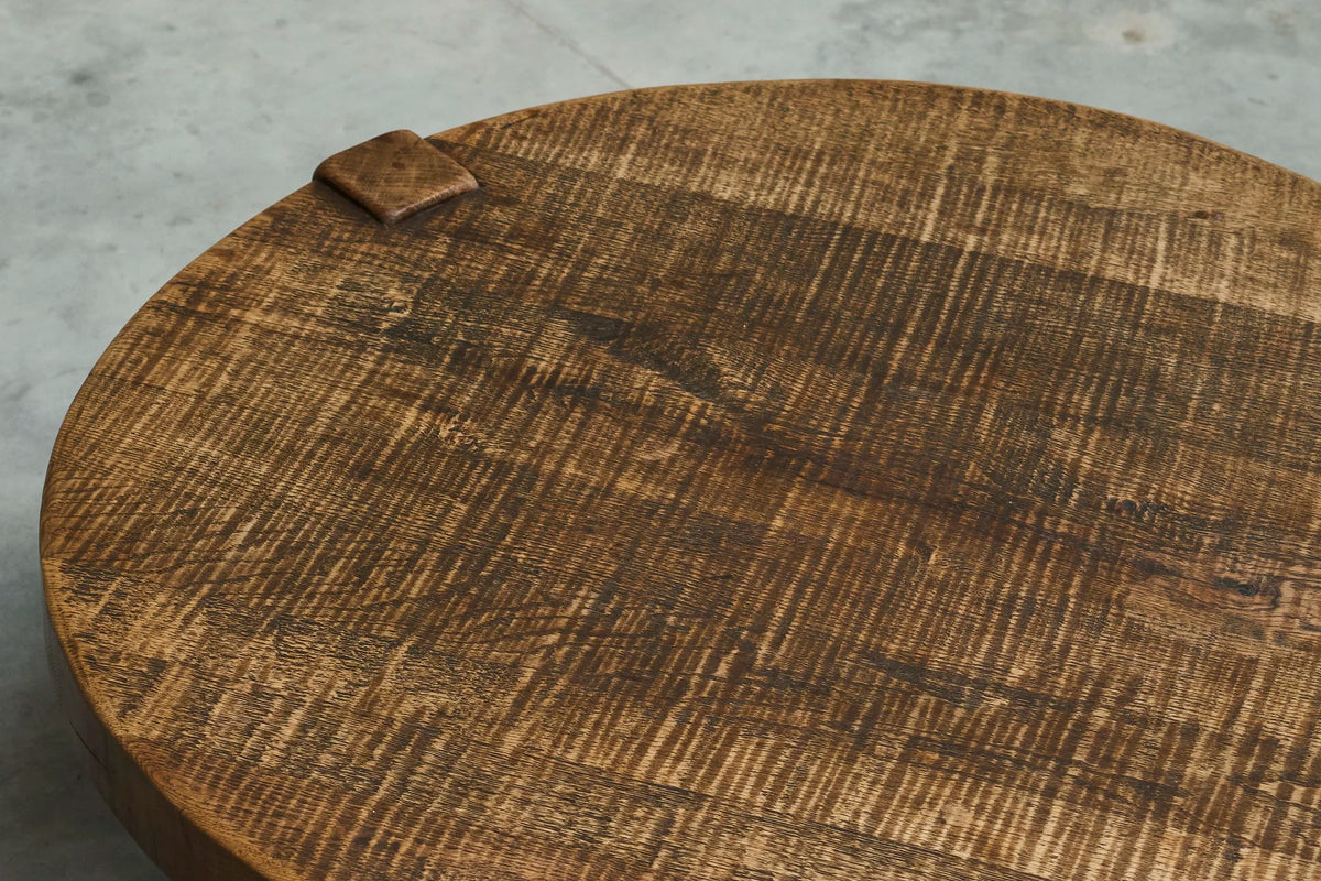 Large Round Wabi-Sabi Style Coffee Table in Solid Oak 1960s — alternate view
