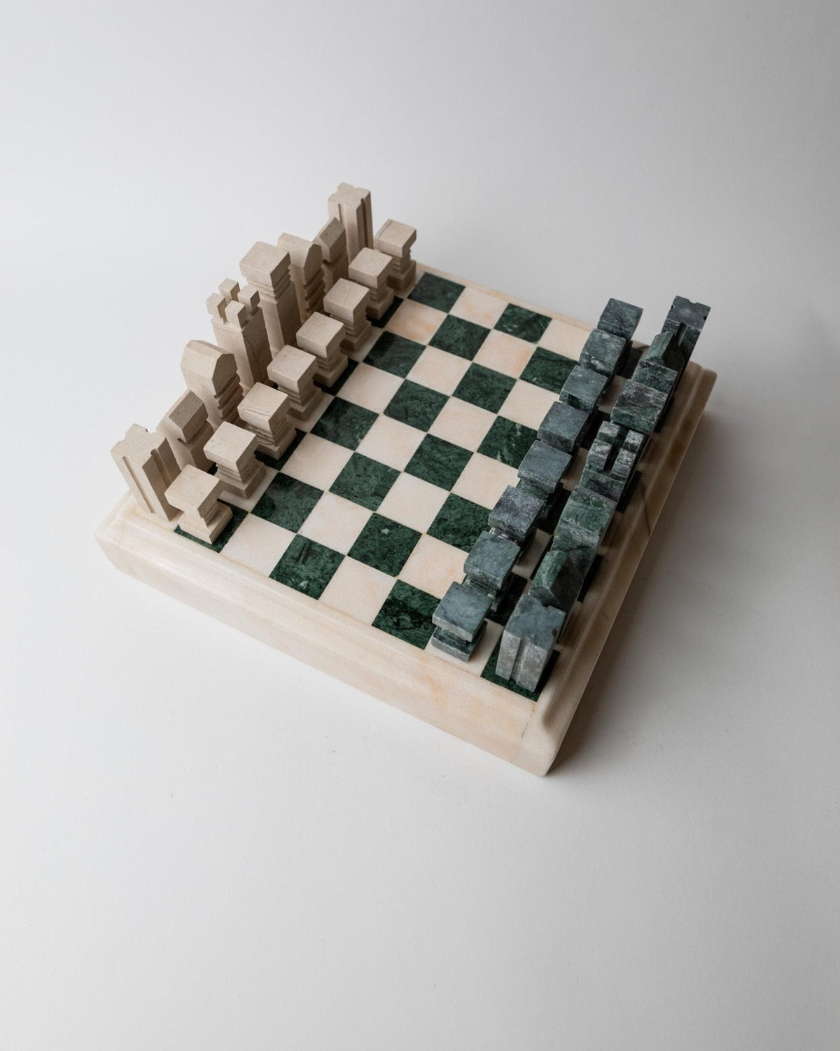 Vintage 1970s Marble Chess Set, Green and Beige Stone Chess Board, Heavy Design, Geometric Chess Pieces, Sculptural Table Game,  Gift Idea — view 15