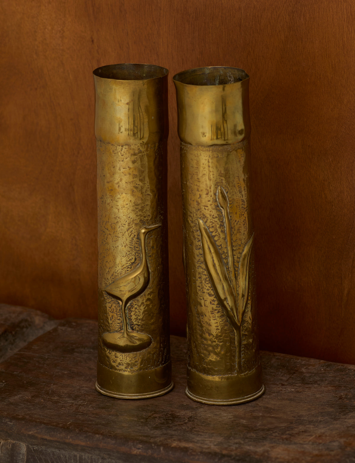 Set of 2 Vintage Vases in Metal Brass — close-up of detailed brass design