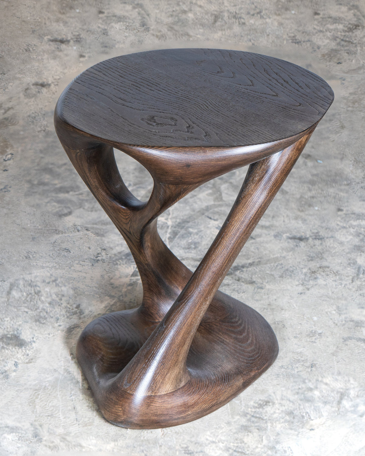 Sasha Side Table, Solid Ash wood Graphite Walnut Stain — side angle showing twisted wooden base