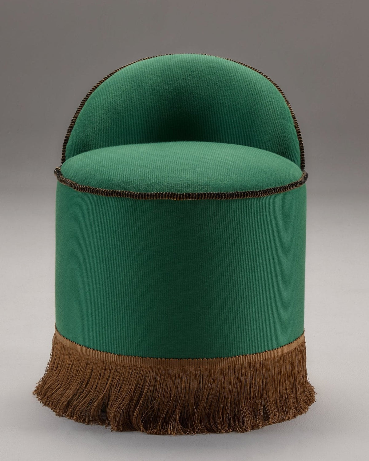 INFERI STOOL - CC'S REPP — front view of green upholstered stool with fringe