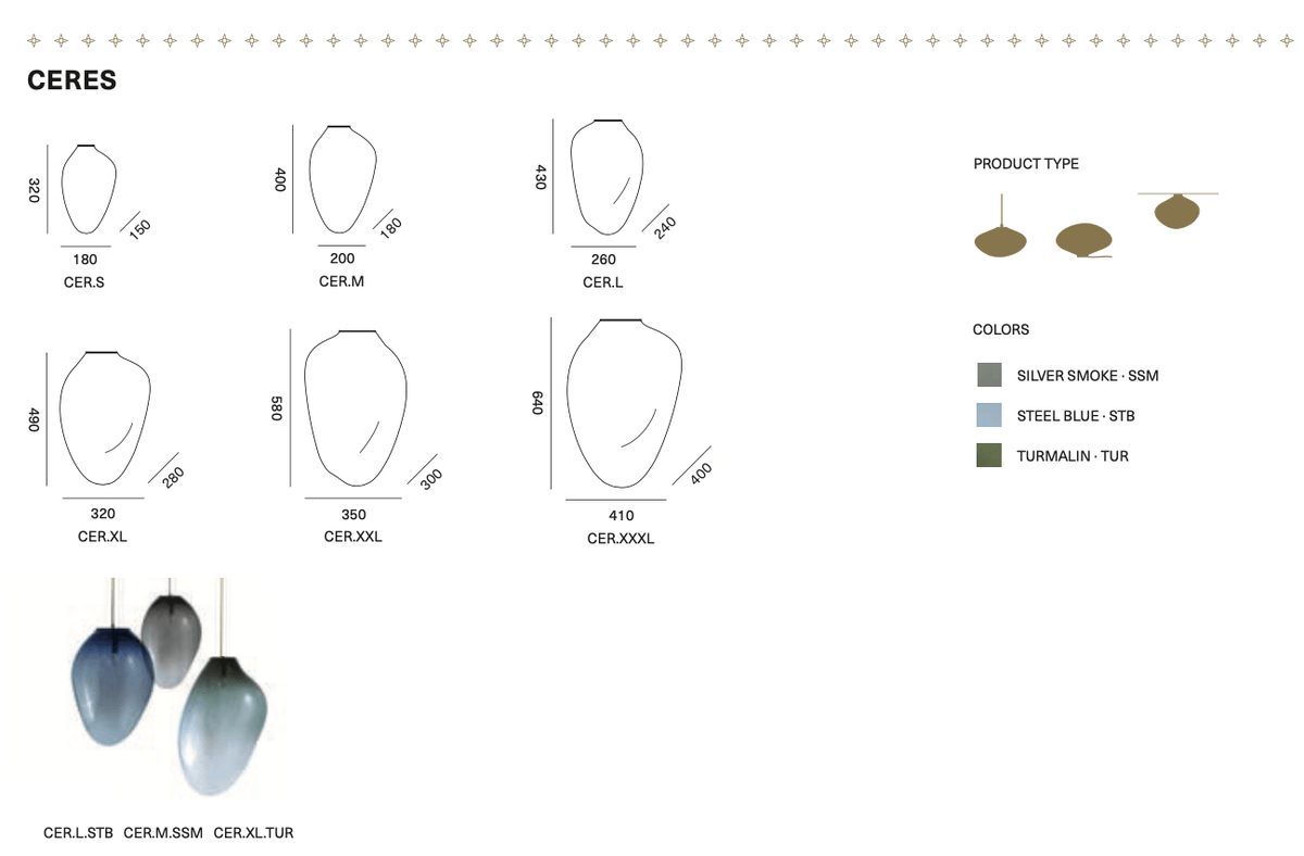 CERES pendant - size M (H:40cm), L (H: 43cm), XL (H:49cm) — diagram showing dimensions and color options
