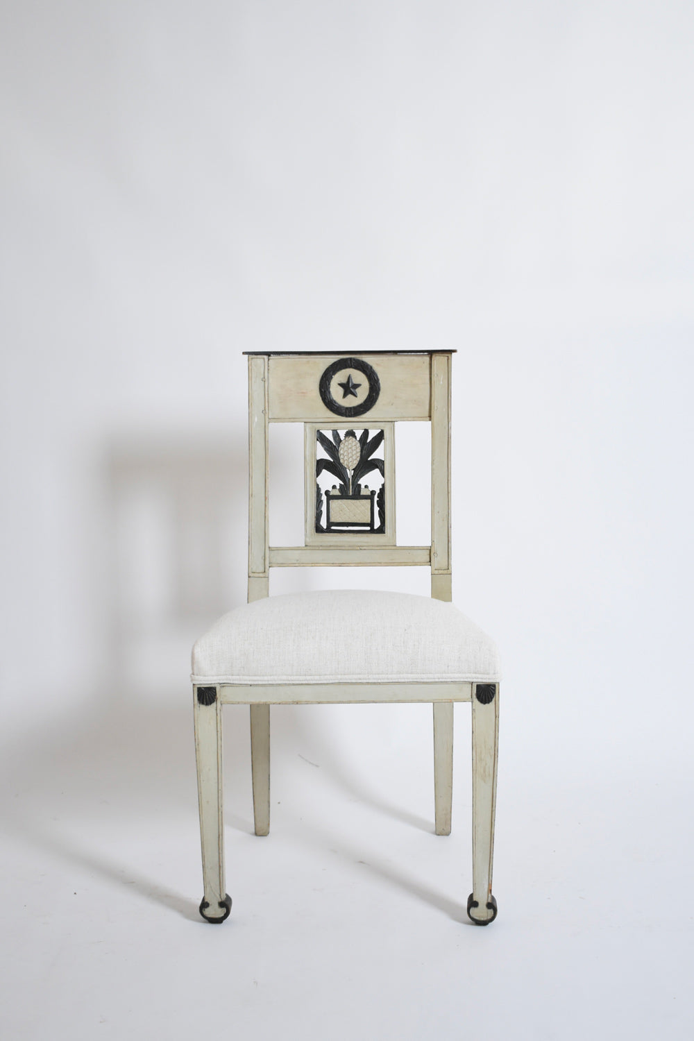 Neoclassical Pineapple Chairs, 1960s — front view highlighting painted wood details