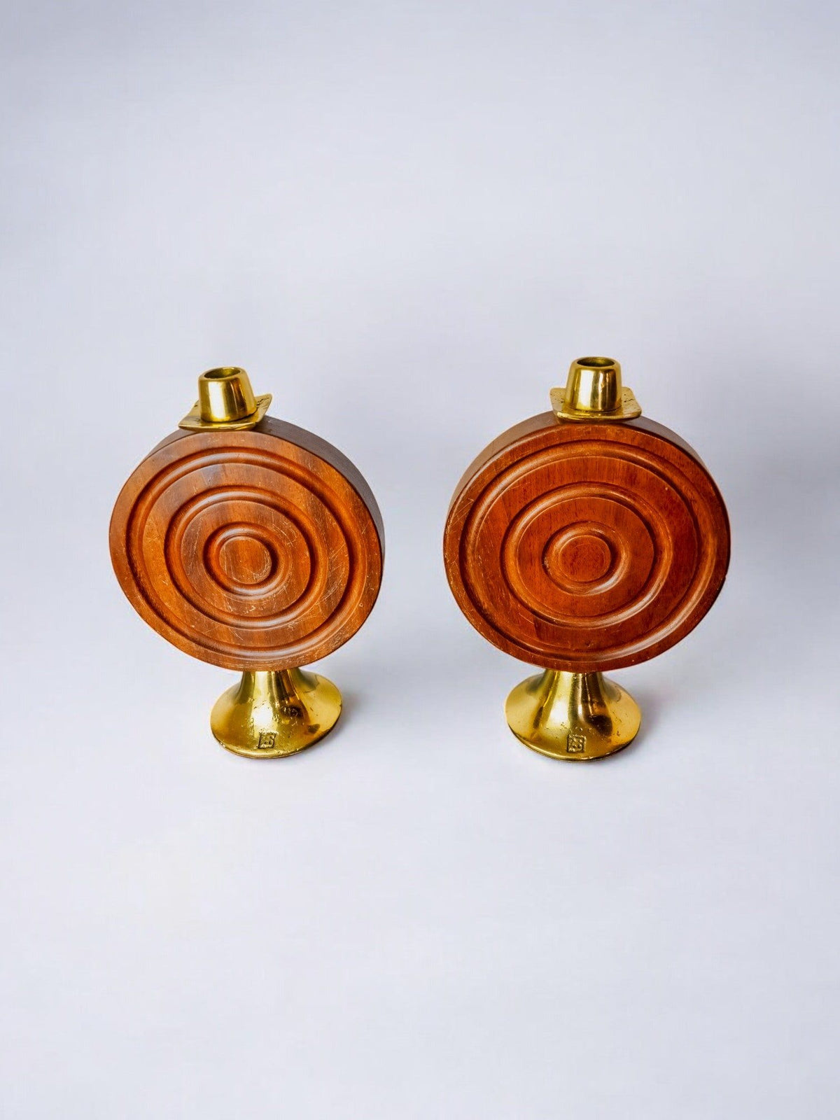 Pair of Brutalist Candleholders by Ardisur, Spain, 1970s — side angle showing wooden and brass materials