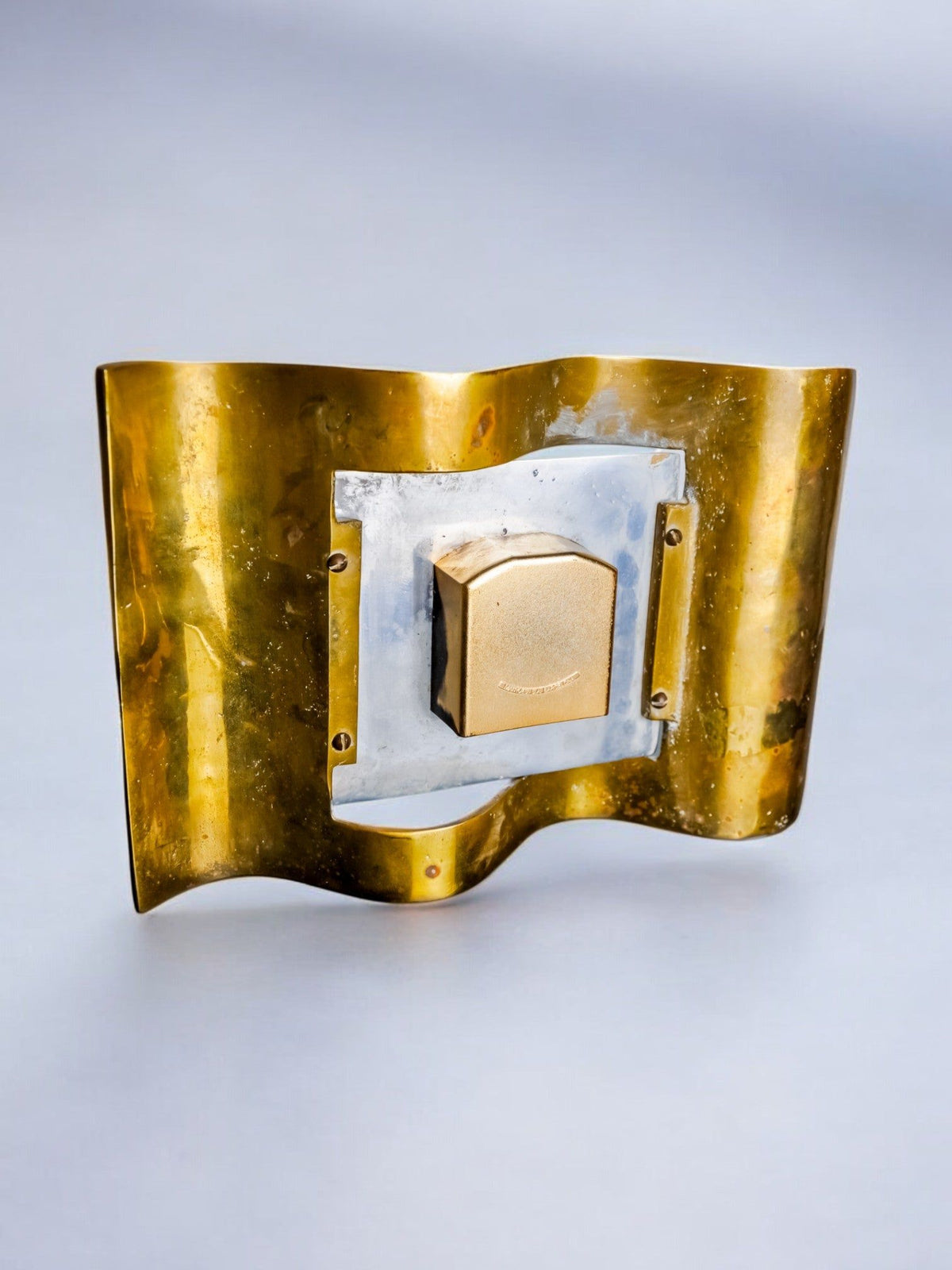 Brutalist Clock by David Marshall, 1970s, Spain — angled view highlighting brass texture