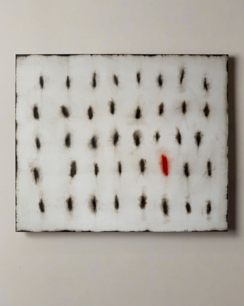 Contemporary oil painting with grid pattern of black marks and single red accent