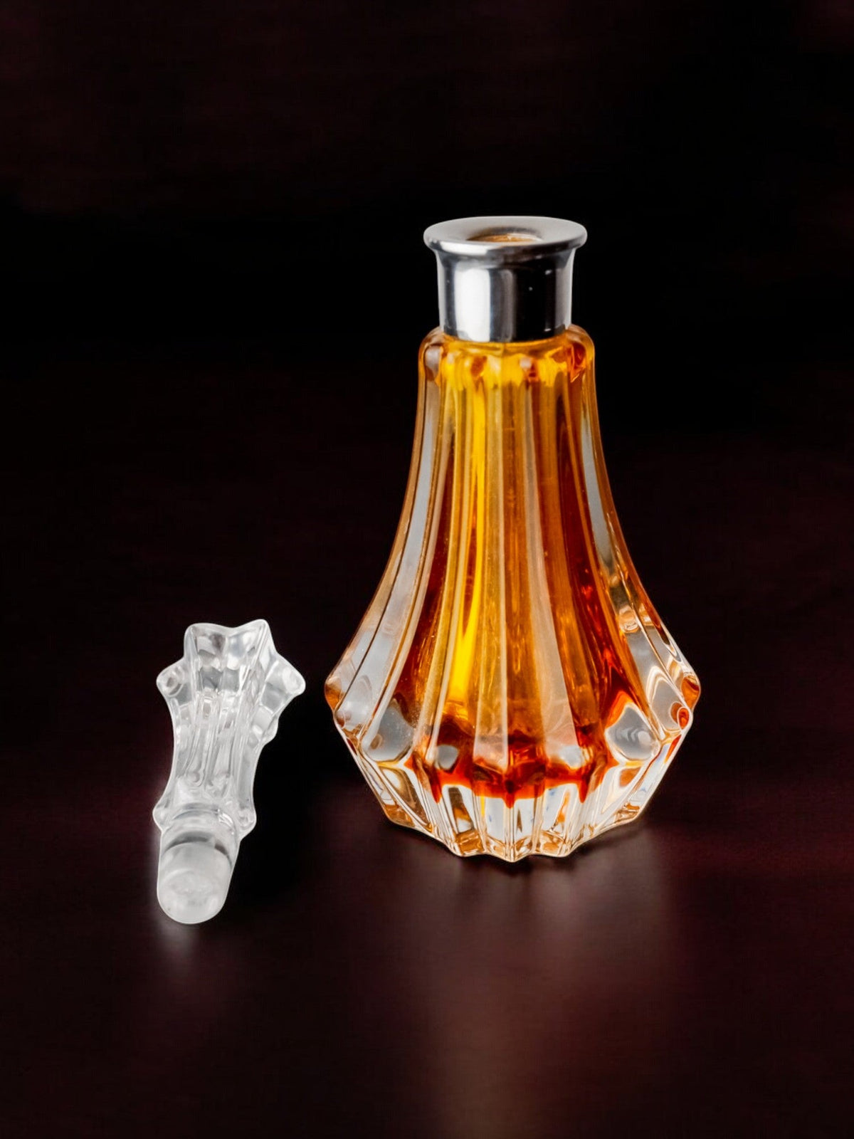 Orange Sommerso Perfume Bottle, Murano Glass, Italy, 1970's — side angle showing amber glass and clear stopper