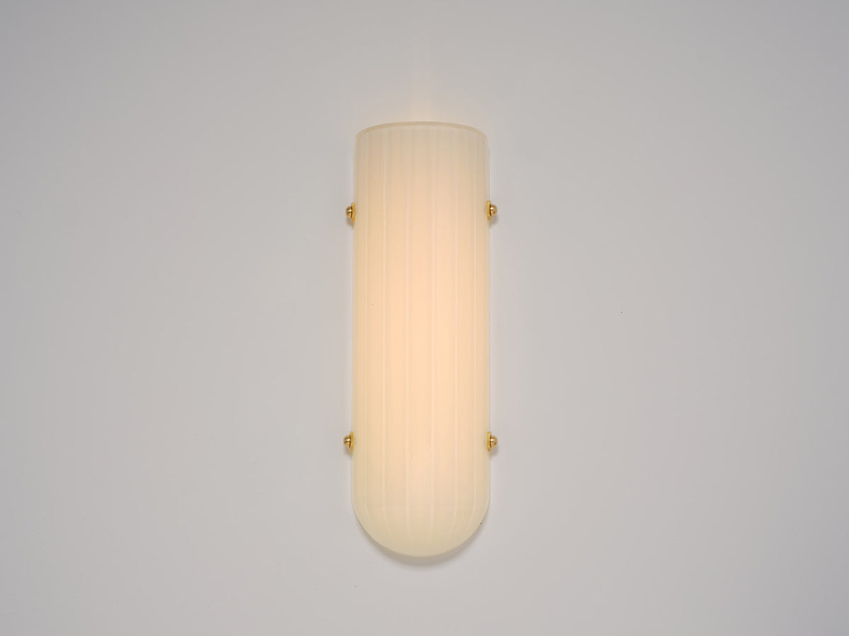 Selene Blown Glass Quartz Wall LED Wall Sconce with Brass Metal Hardware — back view showing light diffusion and brass hardwa