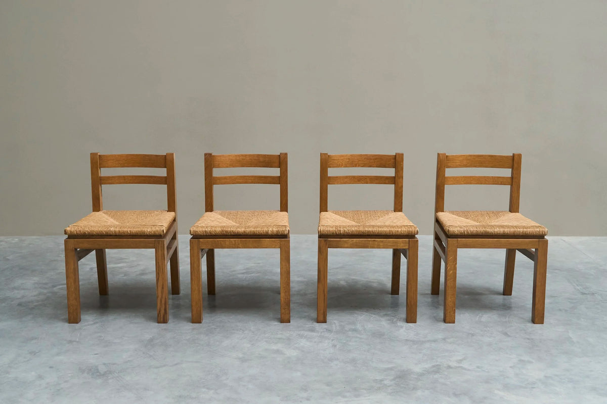 Set of 4 Modernist Chairs in Solid Oak and Straw, Belgium 1960s — side angle
