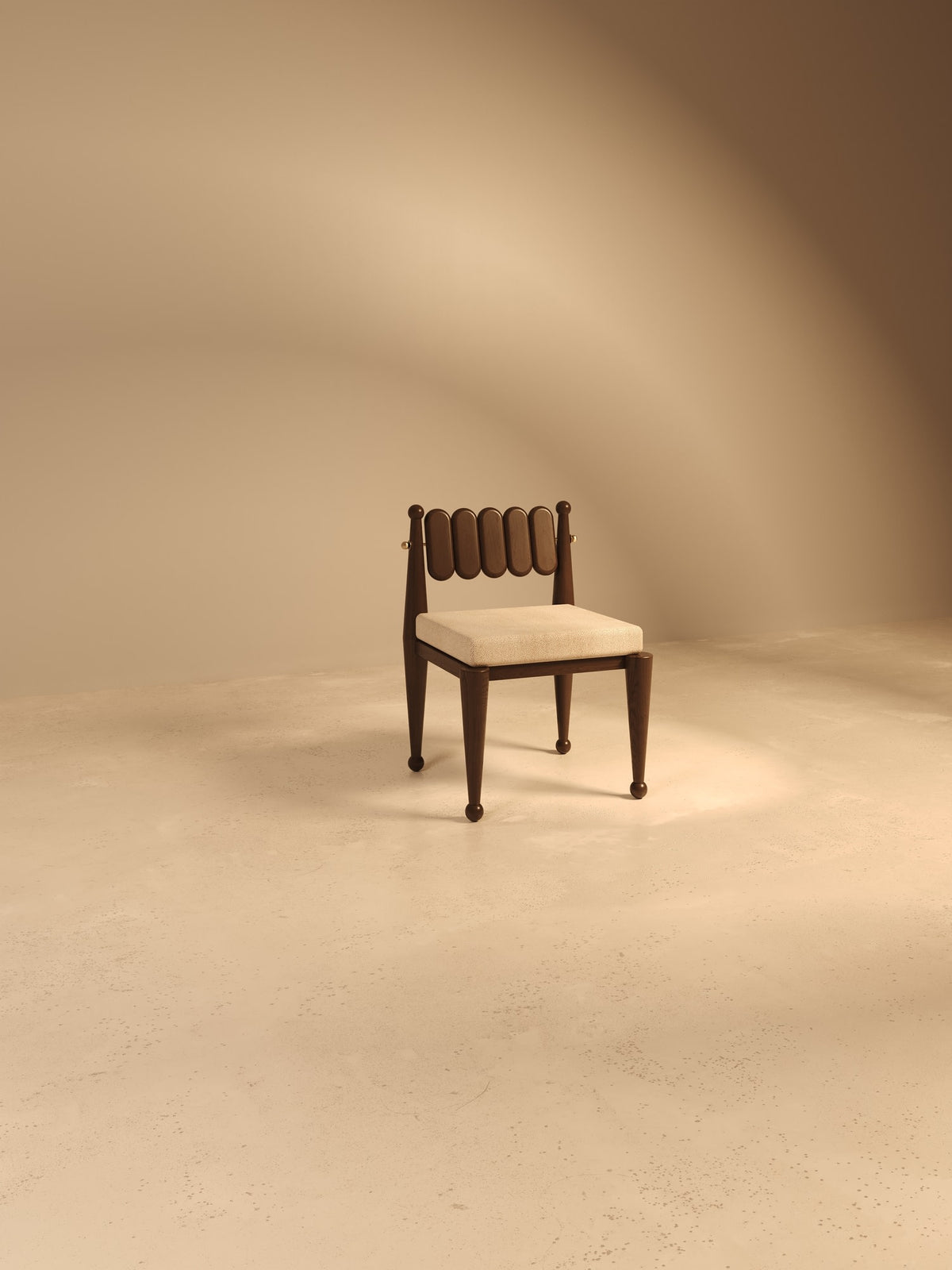 Simorgh III walnut chair with brass details and upholstered seat