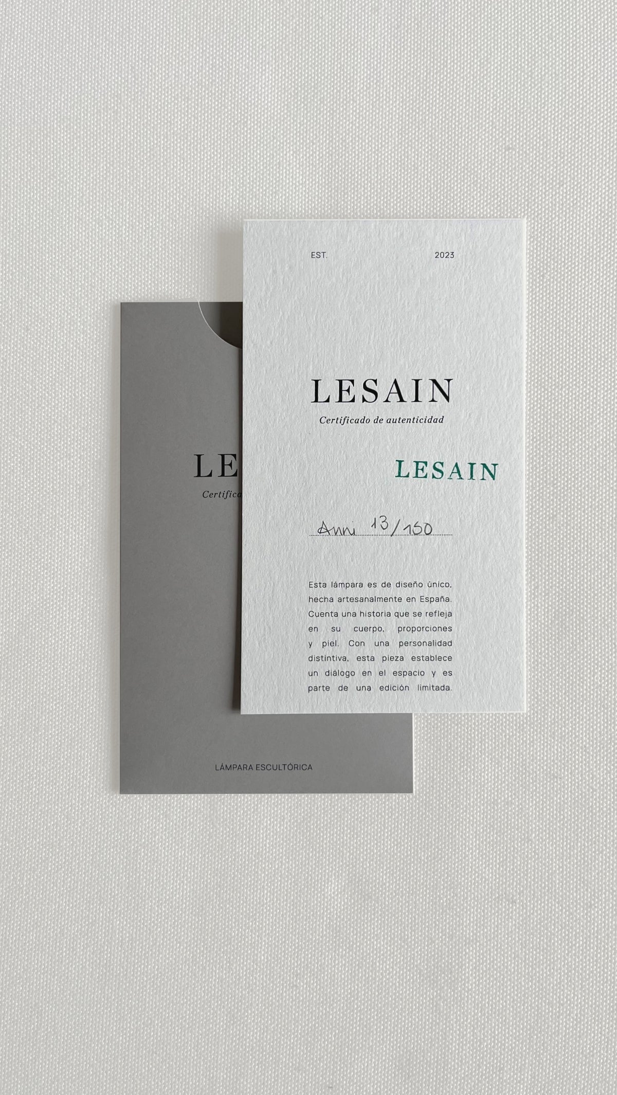Anni Lamp — detail of authenticity certificate and packaging