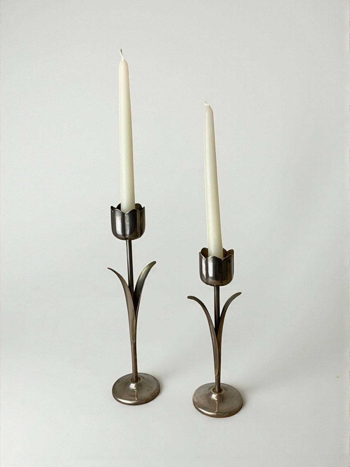 Pair of Chromed Tulip Candleholders, 1970's, Italy by Malamar Studio | The Oblist — chrome finish, vintage design