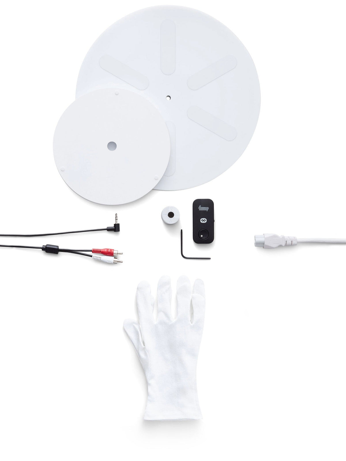 Transparent Turntable White - Bluetooth — components laid out on white background