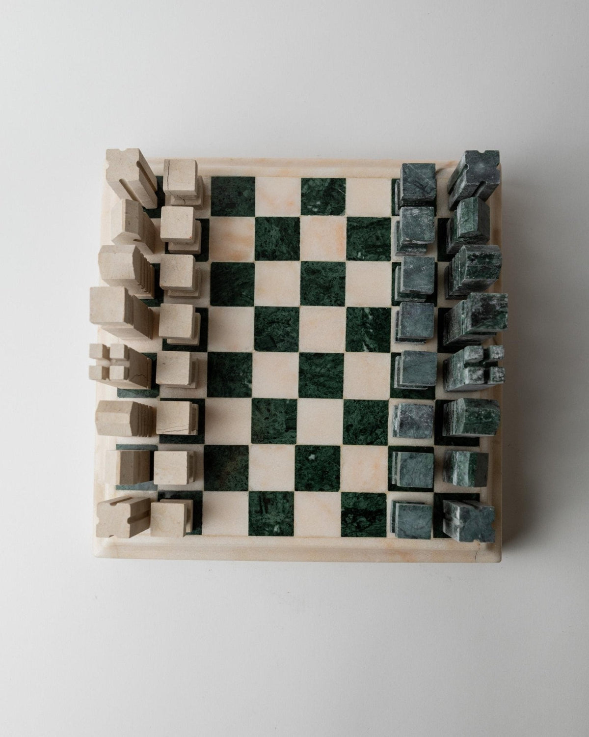 Vintage 1970s Marble Chess Set, Green and Beige Stone Chess Board, Heavy Design, Geometric Chess Pieces, Sculptural Table Game,  Gift Idea — side angle
