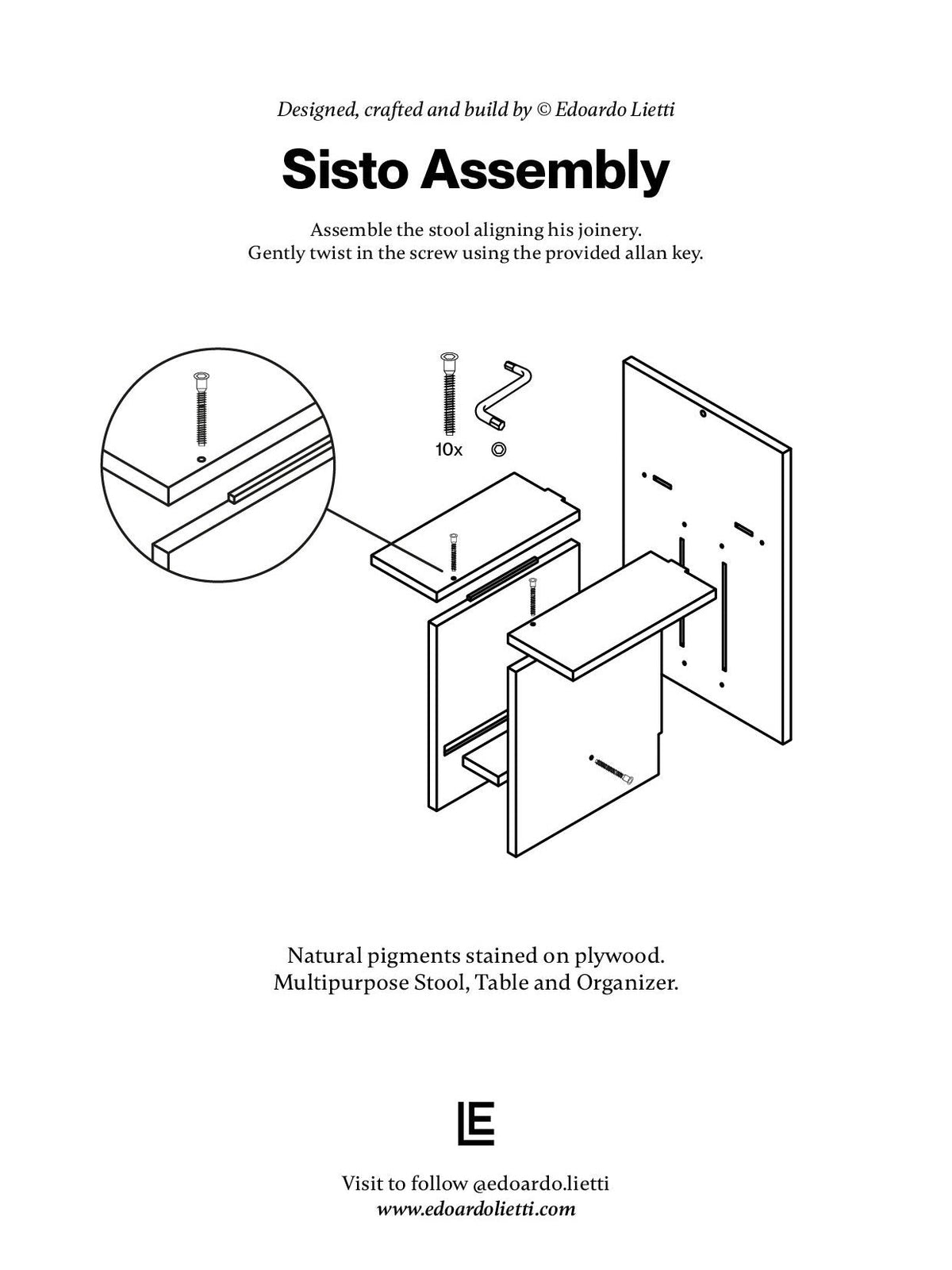 Black and white illustrated instructions for the "Sisto" Versatile Wood Chair by Edoardo Lietti Studio show how to assemble plywood pieces with screws and an allen key. Text guides alignment, with product and designer info at the bottom.