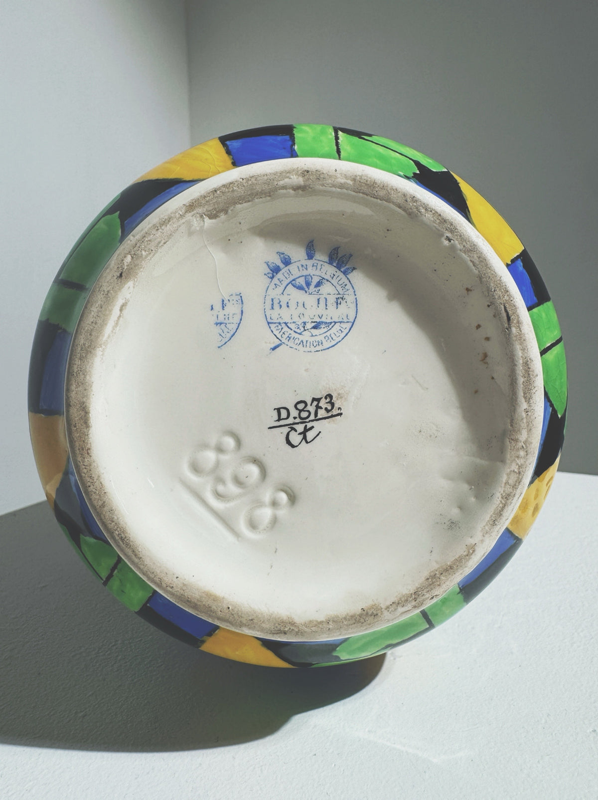 Bottom view showing maker's mark and signature of Art Deco vase by Charles Catteau