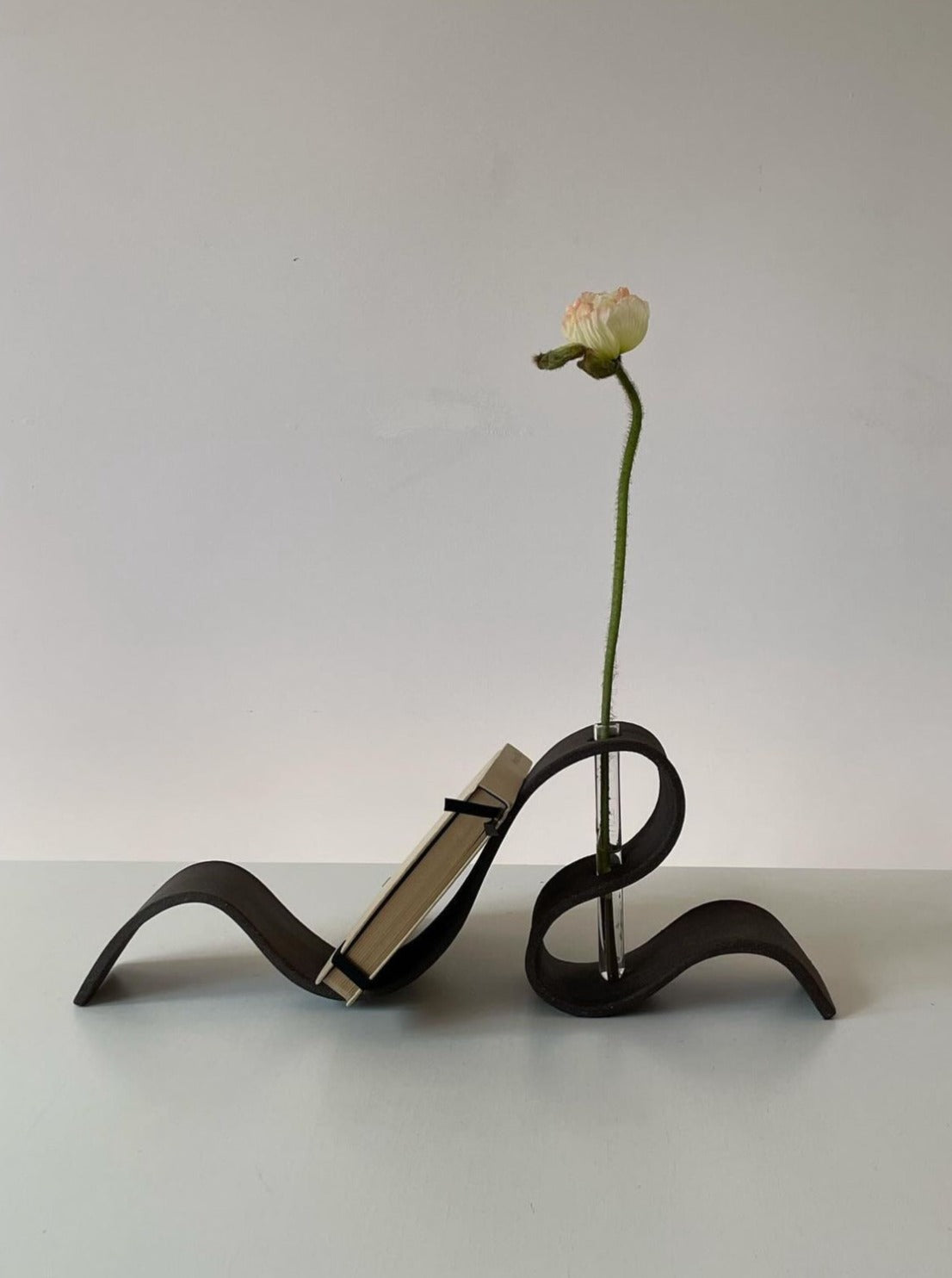 Modern black ribbon vase with flowing curved design holding single flower