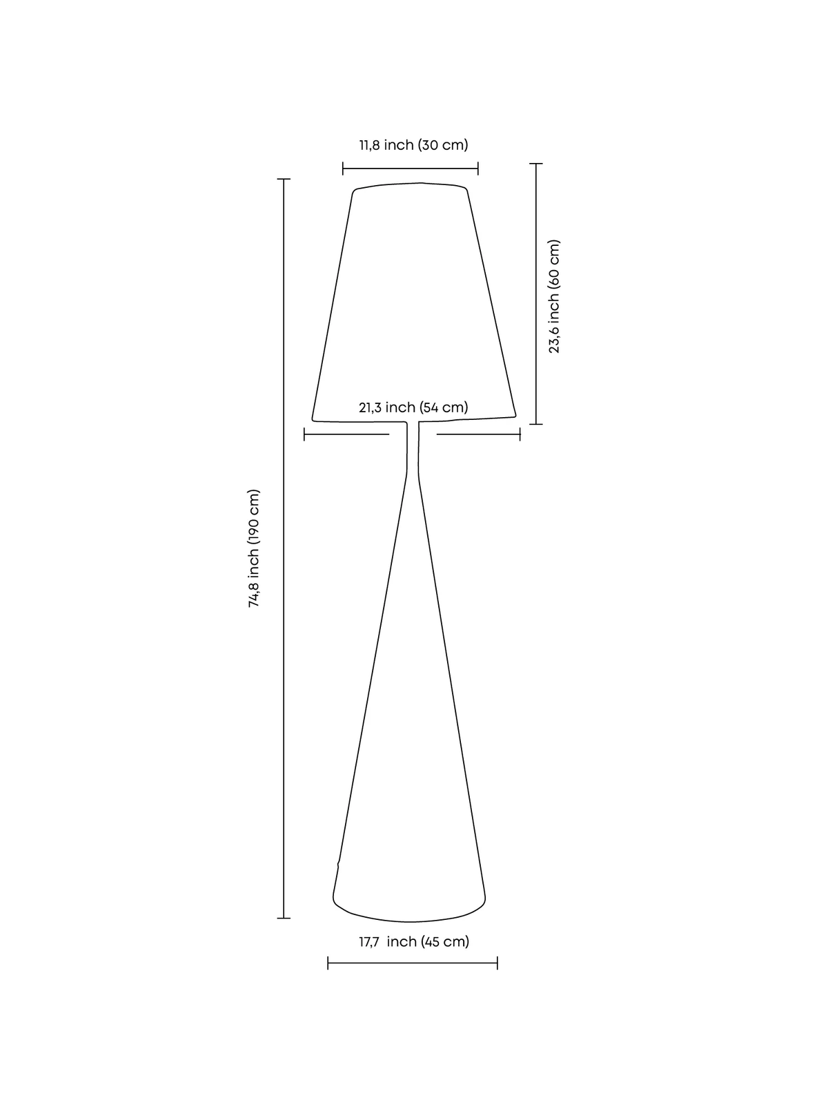 VERETENO Floor Lamp — technical drawing with measurements and design details