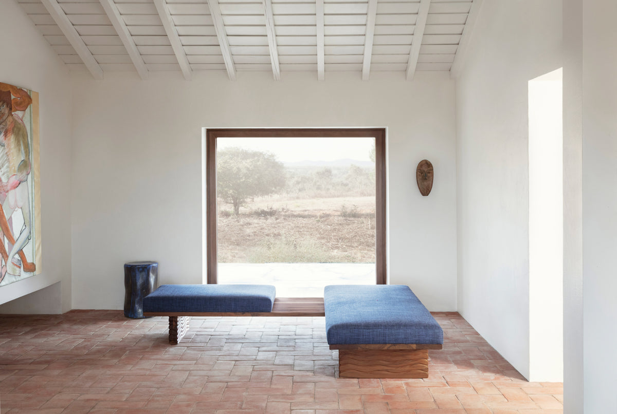 Nazaré Daybed L Shape — close-up of blue upholstery in minimalist setting