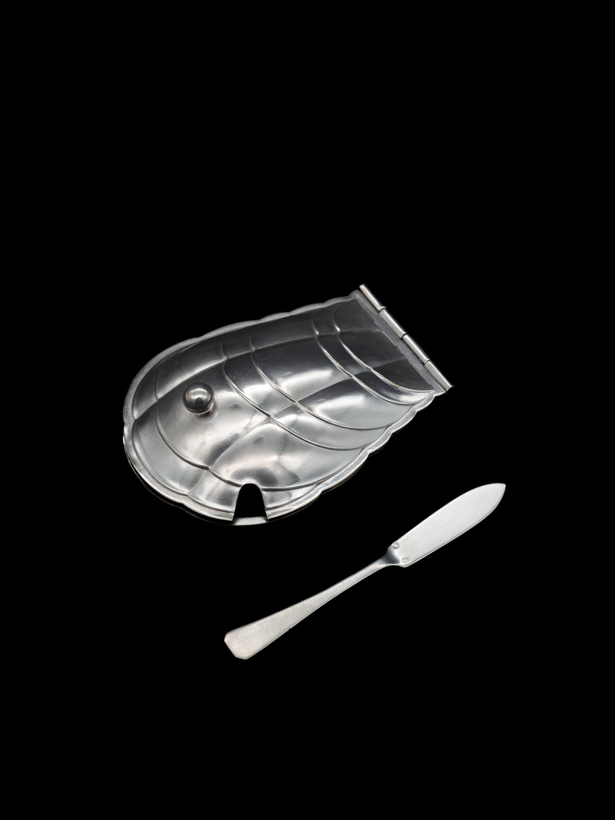 Scallop Shell Butter Dish & Knife Set, France, c. 1910s — back view on black background