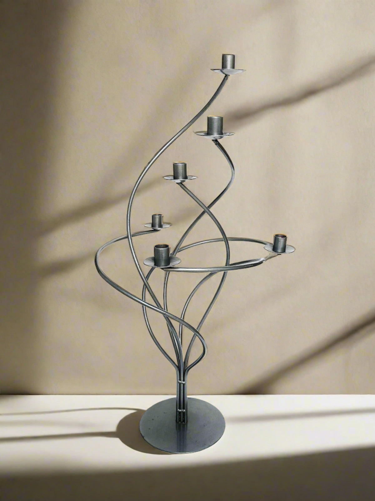Sculptural Spiral Metal Candelabra, 1980s — lifestyle setting